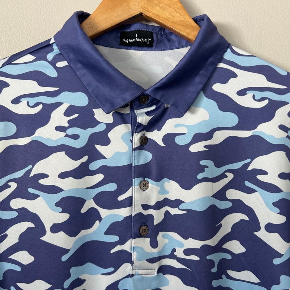 Golf Made Me Do It Polo Shirt Mens L Blue Camo Short Sleeve Performance Stretch